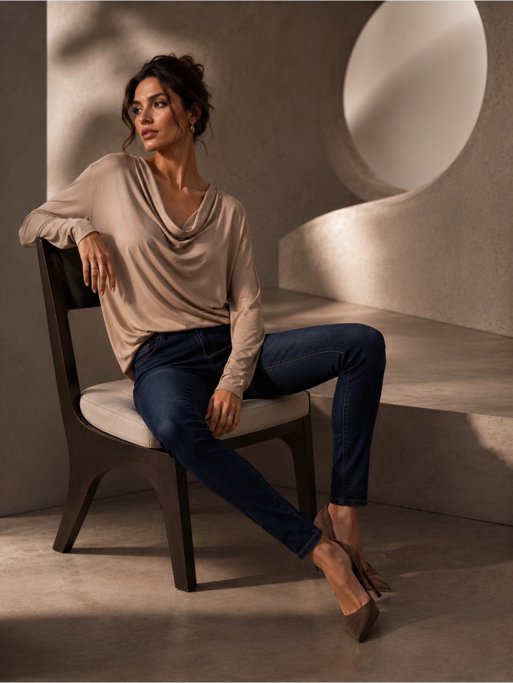 NEW Belle by Kim Gravel Sateen Cowl Neck Modal Top Beige XL A670931